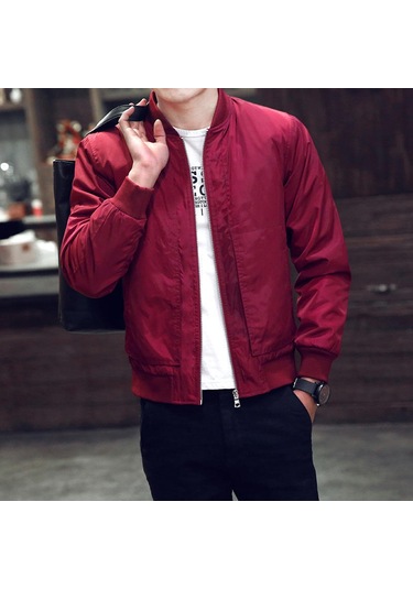 Varış İlkbahar Sonbahar Erkek Ceketler Katı Moda Mont Erkek Rahat Ince Standı Yaka Kırmızı