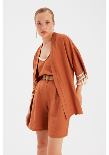 Sateen Kol Detaylı Salaş Keten Kimono - Taba