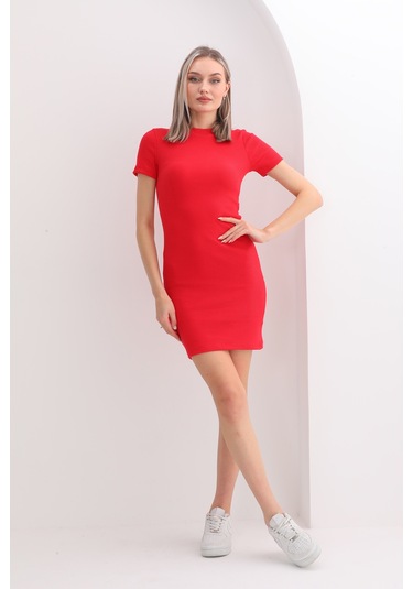 Kırmızı Vücuda Oturan Kısa Kollu Mini Fitilli Esnek Kalem Elbise Nar Çiçeği