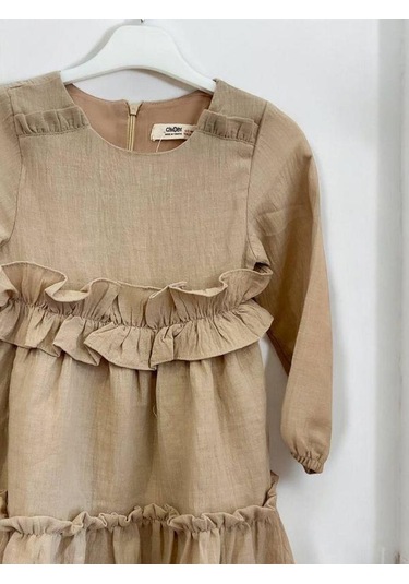 Kız Çocuk Pamuklu Mevsimlik Astarlı Fırfırlı Bol Elbise-14441 Bej
