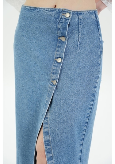 Açık Mavi Yüksek Bel Düğmeli Maxi Jean Etek C 4532-036 Açık Mavi