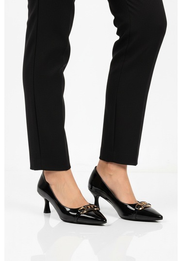 Siyah Rugan İnce Kısa Kadın Topuklu Ayakkabı 695029 Z Siyah Rugan