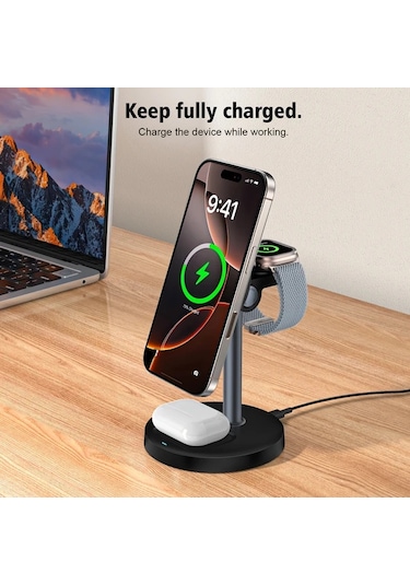 Honeybeeshop Yeşil 3lü 1 Arada Manyetik Kablosuz Şarj Standı İphone İOs Watch Uyumlu Airpods İçin