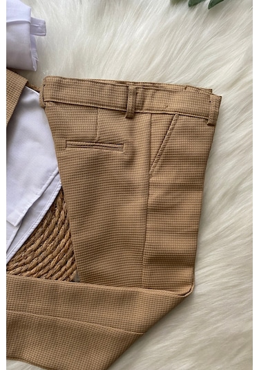 Matrix Yelekli Zincirli Erkek Çocuk Takım Elbise Camel