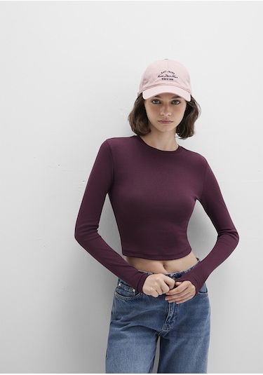 Mavi - Uzun Kollu Bordo Crop Basic Tişört 1612822-70434 Bordo
