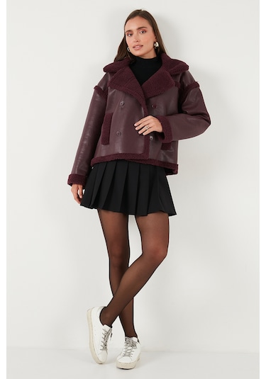 Lela Oversize Kruvaze Yaka Peluş Detaylı Suni Deri Biker Ceket Bayan Mont 6810247 Bordo