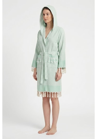 Kapşonlu Unisex Peştemal Plaj Bornozu %100 Pamuklu Seaside Stripe Yeşil
