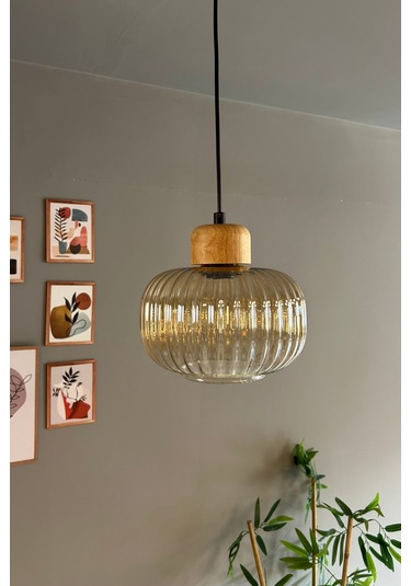 Mola Cam Bal Rengi Tekli Avize Geniş Ahşap Başlık Retro Sarkıt Lamba Restoran Salon Aydınlatma Bal