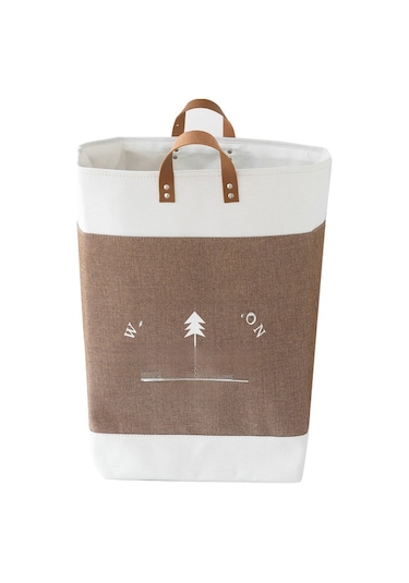 Baskılı Bej Büyük Kapasiteli Çamaşır Sepeti, Katlanabilir Bej