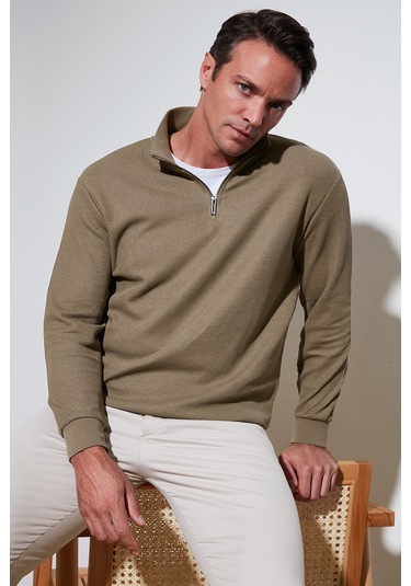 Buratti Pamuklu Regular Fit Yarım Fermuarlı Dik Yaka Erkek Sweat 5905716 Koyu Vizon