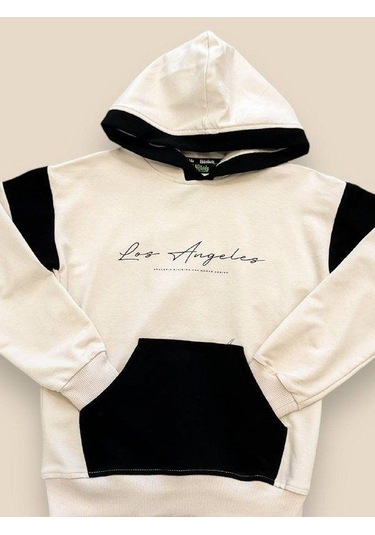 Erkek Çocuk Kapüşonlu Los Angeles Yazılı Pamuklu Sweatshirt-14694 Bej