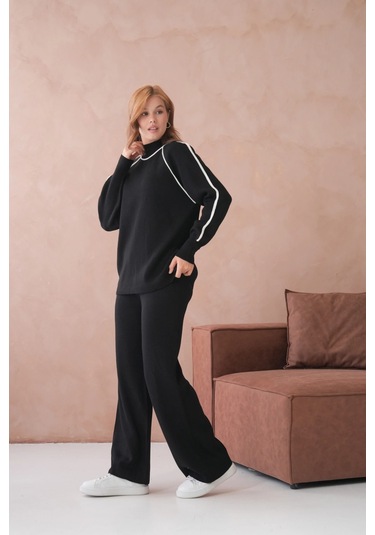 Kadın Dik Yaka Yarım Pat Fermuar Yırtmaçlı Kazak Pantolon İkili Triko Takım Siyah