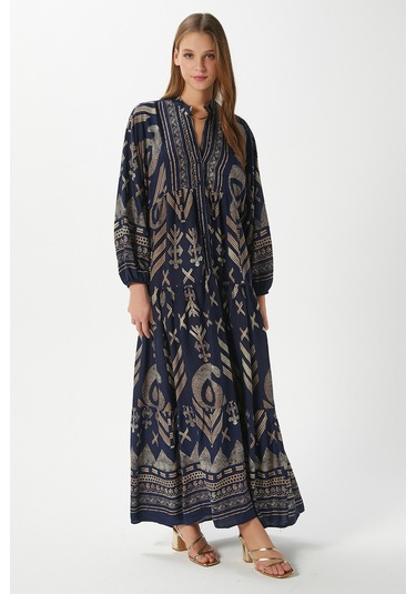 Modest Shine Lacivert Altın Sarısı Kadın %100 Viskon Maksi Boy Uzun Yazlık Elbise Çok Renkli