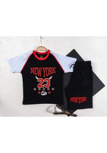 Erkek Çocuk Siyah New York Bulls Jordan Temalı Yazlık T-shirt Ve Şort Takımı Siyah