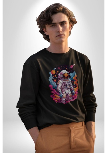 Ay Mars Astronot Unisex Siyah Baskılı Sweatshirt Siyah