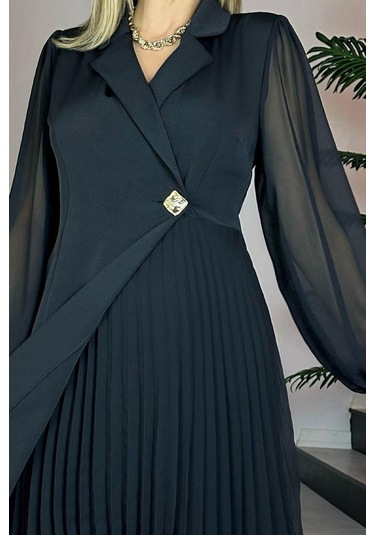 G0793 Kruvaze Yaka Düğme Detaylı Piliseli Elbise Siyah-siyah