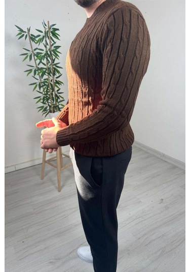 Explode - Erkek Kahve Örgülü Slim Fit Bisiklet Yaka Triko Kazak Kahverengi