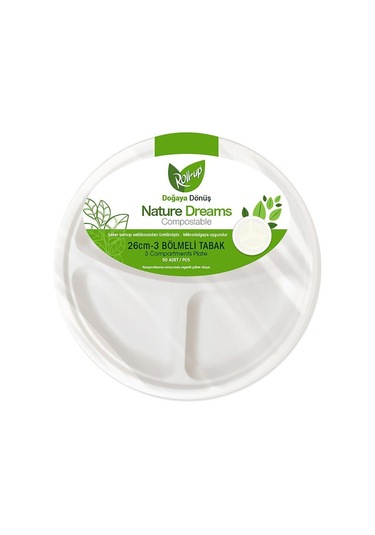 Roll-up Nature Ekolojik Karton Kağıt Tek Kullanımlık 3 Bölmeli Tabak - 26 Cm. - 50 Adetlik 3 Paket