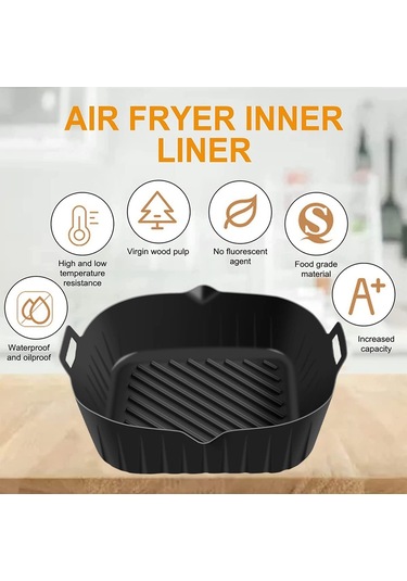 Saplı Silikon Tencere, 8.6 İnç Yeniden Kullanılabilir Hava Fritöz Kaplamaları, Siyah Siyah