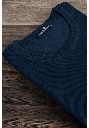 Woolen World Bisiklet Yaka Battal Büyük Boy Yünlü Triko Kazak İndigo