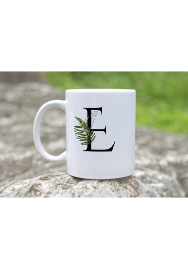 E Harf Zarif Yaprak Desenli Kupa Bardak - Naturel Sade Alfabe Harfli Bardak - Kişiye Özel Hediye Beyaz