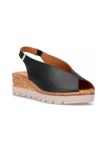 Elit Zeyn8094 Kadın Hakiki Deri Ortopedik Dolgu Topuk Sandalet Siyah Siyah