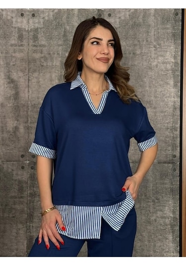 Etiler Collection Kadın Modal Kumaş Çizgili Gömlek Yaka Ikili Takım mavi