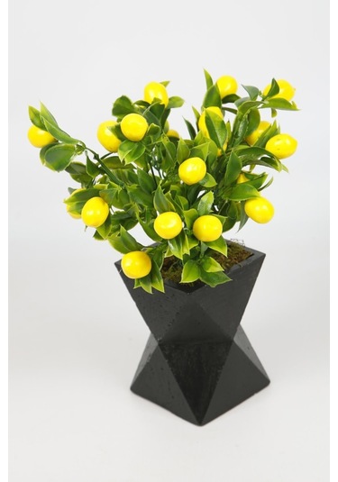 Siyah Beton Saksıda Limon Ağacı Yapay Ağaç Vazoda Yapay Bitki Kahverengi
