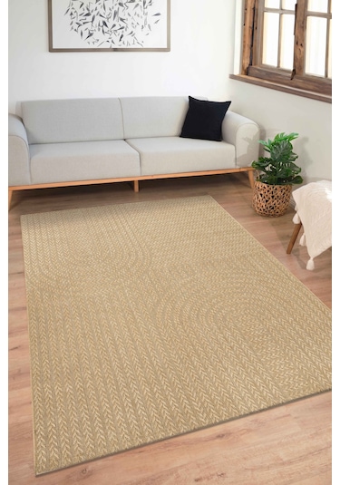 Sisaluna 4443 Bej Jüt Tabanlı Modern Dokuma Kilim Sisal Hasır Halı Bej