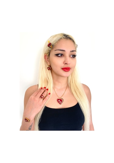 Altın Kaplama Çelik Kolye Küpe Bileklik Yüzük ve Saç tokası Set Altın