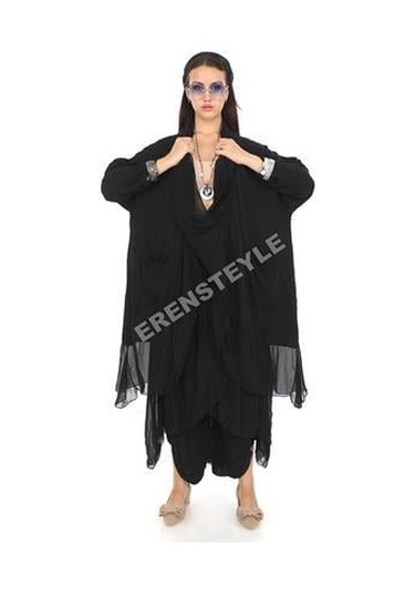 Italyan Büyük Beden Ipek Detaylı Oversize Kaftan & Bluz-9896 Siyah
