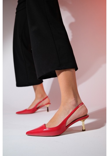 Luvishoes Marten Kırmızı Cilt Kadın Sivri Burun Arkası Açık İnce Topuklu Ayakkabı Kırmızı