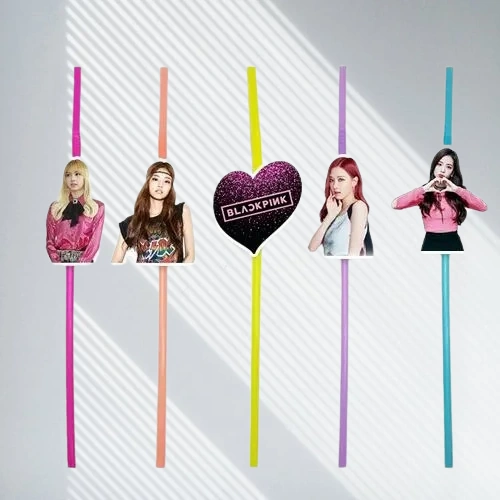 Pipet Black Pink Temalı Artistik Körüklü Pipet 10 Lu Doğum Günü Temalı Pipet +3