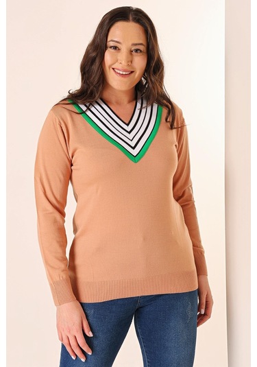 Şeritli V Yaka Büyük Beden Triko Kazak-35355-soğan Kabuğu Açık Turuncu