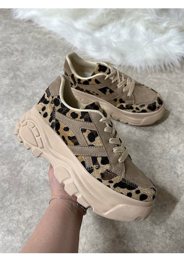 Günlük Kadın Sneaker Kalın Yüksek Taban Bağcıklı Rahat Tiger Şeritli Spor Ayakkabı 032 16 - Vizon Sarı Leopar