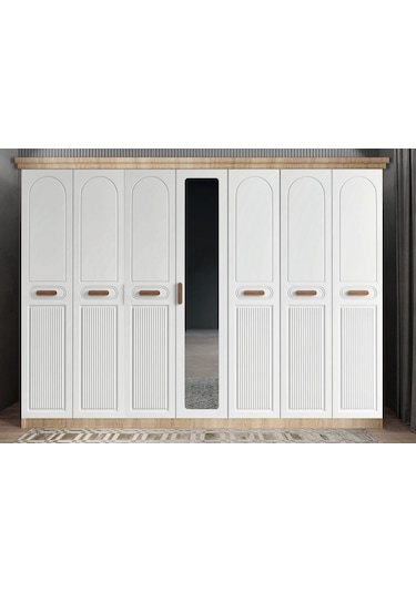 Etro Membran 7 Kapaklı Gardırop Montaj Dahil Meşe Beyaz 280 Cm