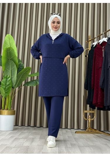 Taş Detaylı Kapüşonlu Fermuarlı İkili Tunik Takım Lacivert