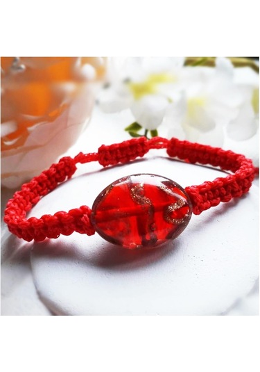 Kırmızı Altın Yaldızlı Hint Boncuğu Makrome Örme Kadın Bileklik Kırmızı