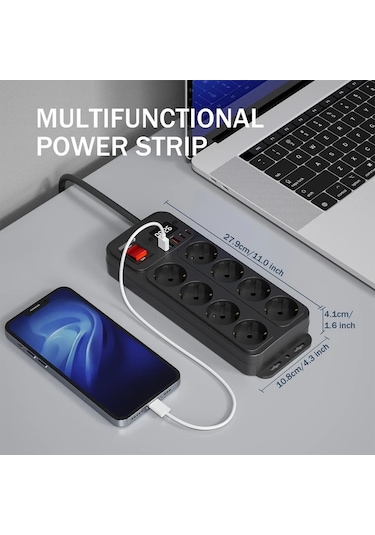 Honeybeeshop 1 Adet Siyah 10 Ft Duvara Monte Dijital Saat 8 Ac Cikisi 5 Usb Portu 15m Uzatma Kablosu Acma Kapama Anahtari Ev Ofis Okul Guç Seridi