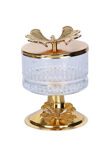 Şık Tasarımlı Cam Sunumluk Lokumluk Şekerlik Gold Ayaklı Ve Kelebek Kapaklı Lüx Lokumluk Drajelik