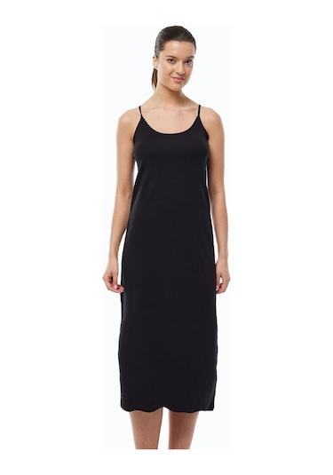 Malabadi Kadın Siyah Ayarlanabilir İp Askılı Uzun Geniş Elbise Astarı Modal Kombinezon 1080 Siyah