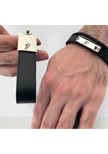 Archin B Harfine Özel Hakiki Siyah Derili Taç Motifli 925 Ayar Gümüş Plakalı Hediye Seti-584harf Gümüş