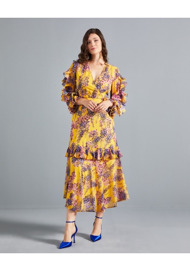 Çiçek Desenli Kadın Elbise - Katlı Etek Detaylı - Fırfırlı Kol - V Yaka - Modern Ve Şık Tasarım - Günlük Ve Özel Gün İçin Elbise Sarı