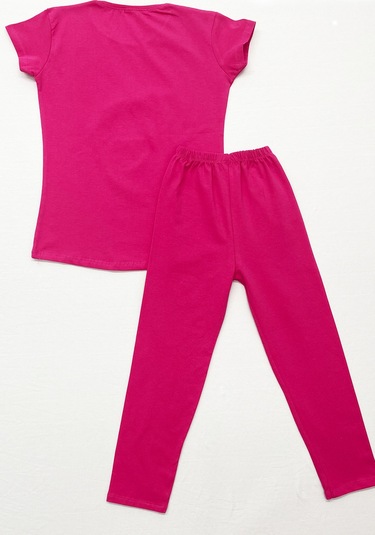 Kız Çocuk Taytlı Takım Saç Bandı Hediyeli Baskılı C64 Fuşya