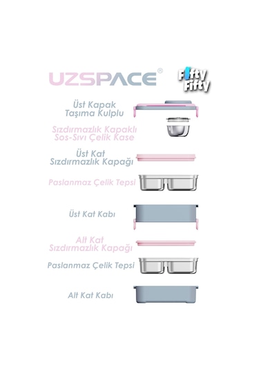 Uzspace 1200 Ml İki Kat Dört Bölme Paslanmaz Çelik Lunch Box Yeni Nesil Sefer Tası-sos Kaseli Model-fflbox8023 Pembe