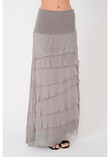 İtalyan 2 Beden Ince Gösteren Kat Kat Ipek Etek & Straplez Elbise Vizon