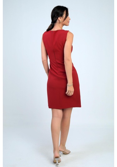 Kadın Kendinden Telalı Yan Düğmeli Kısa Elbise-41566 Bordo