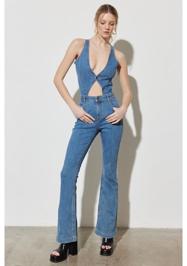 Regular Fit Normal Kesim Normal Bel Geniş Paça Kolsuz Açık Mavi Esnek Jean Tulum Açık Mavi