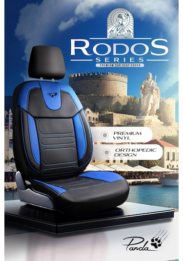 Siyah - Mavi Garni Panda Rodos Serisi Deri Ortopedik Oto Koltuk Kılıfı - Tam Set