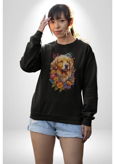 Golden Çiçekli Baby Face Unisex Siyah Baskılı Sweatshirt Siyah